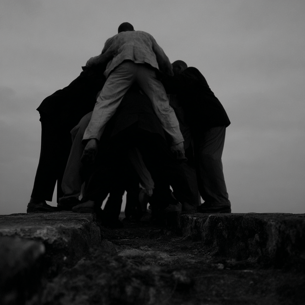 Group of people lifting someone together